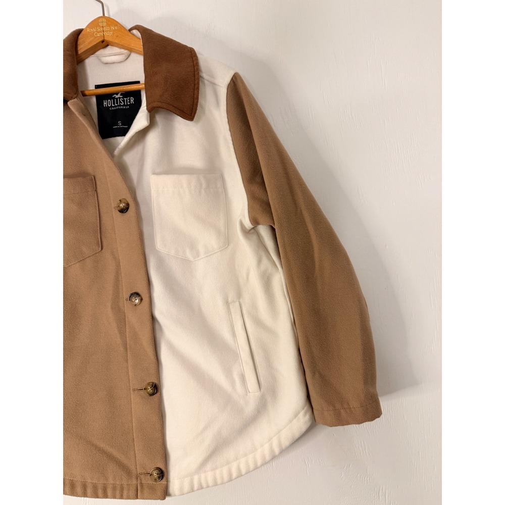 Hollister Colorblock Fleece Shirt Jacket Shacket Brown Cream Tan Small Oversized - Picture 3 of 15
